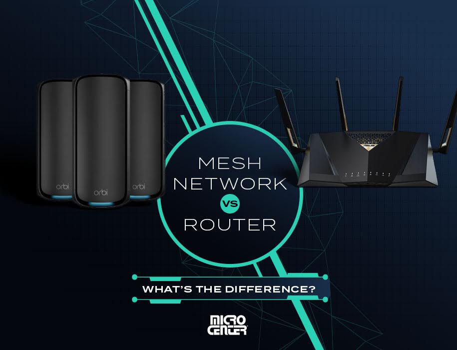 Mesh network vs router comparison graphic showing Orbi mesh units and a traditional router, with Micro Center branding at the bottom.